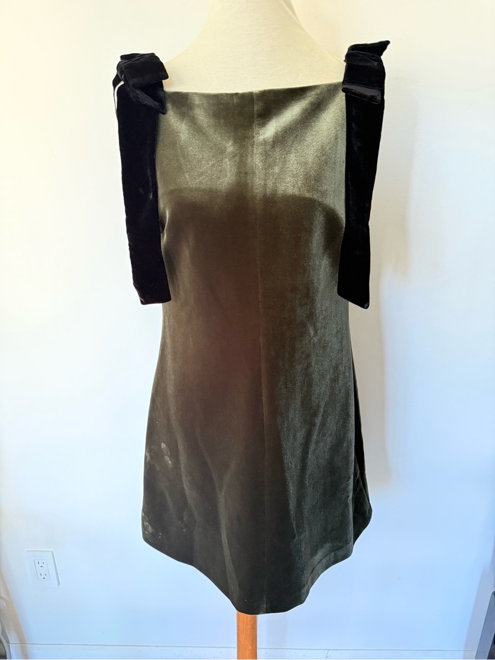 Zara Olive Green Velvet Mini Dress with Black Tie Straps